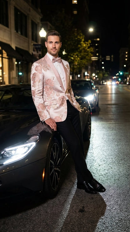 Mens Pink Blush Floral Jacquard Blazer with Embellished Shawl Lapel  Luxury Party and Wedding Wear Jacket