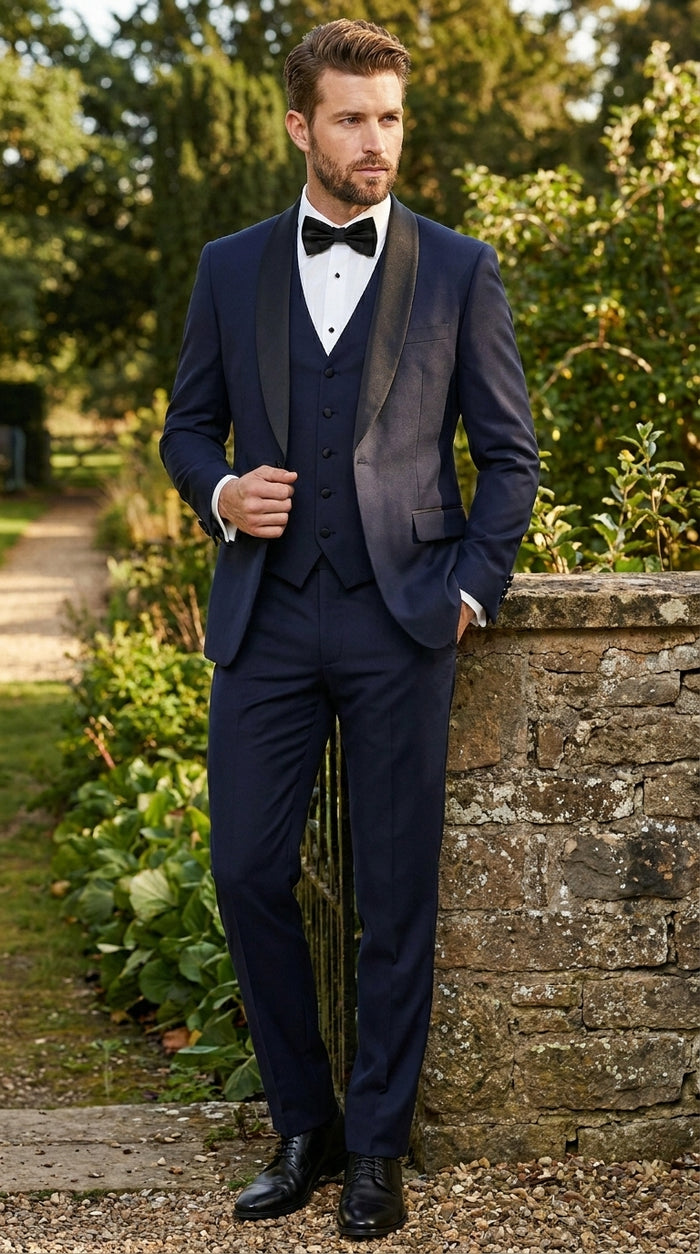 Men’s Navy Blue Vested Wool Tuxedo with 1 Button Jacket, Black Shawl Lapel and Matching Pants