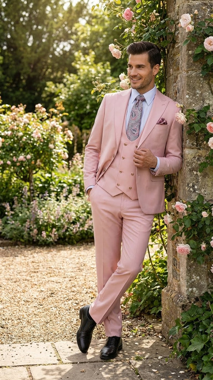 Mens Blush Pink and Gold Three-Piece Suit  Tailored Fit Formal Wedding, Vested Suit By Rossiman