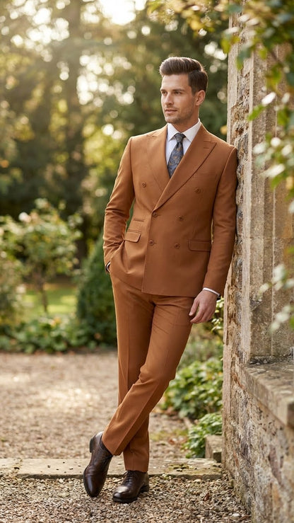 Mens Vitali Brand Rustish Orange Brown Copper Color Double Breasted Slim Fit Suit
