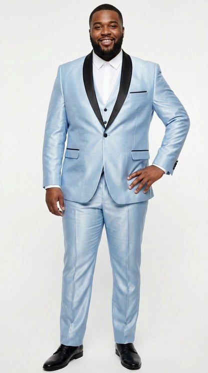 Men’s Light Blue Shiny 3 Piece Suit with Black Shawl Lapel | Formal Wedding Prom Suit - Sateen Sharskin Suit