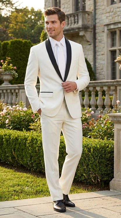 Men’s Ivory and Black Shawl Tuxedo Suit with Jacket and Pants, Formal Wedding Dinner Suit