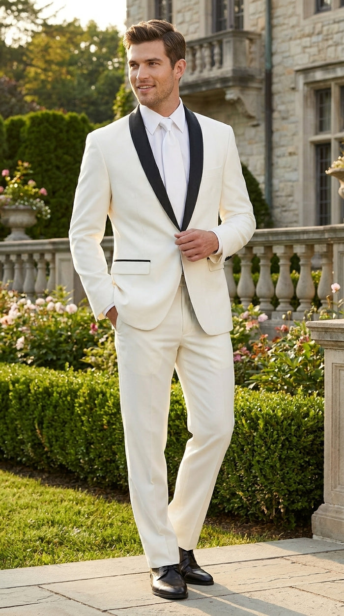 Men’s Ivory and Black Shawl Tuxedo Suit with Jacket and Pants, Formal Wedding Dinner Suit