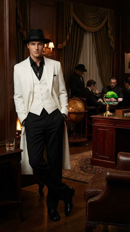 Mens White Long Zoot Suit Costume Set with Black Pants – Wedding, Prom and Party Outfit 1920s - 1930s Gangster Style