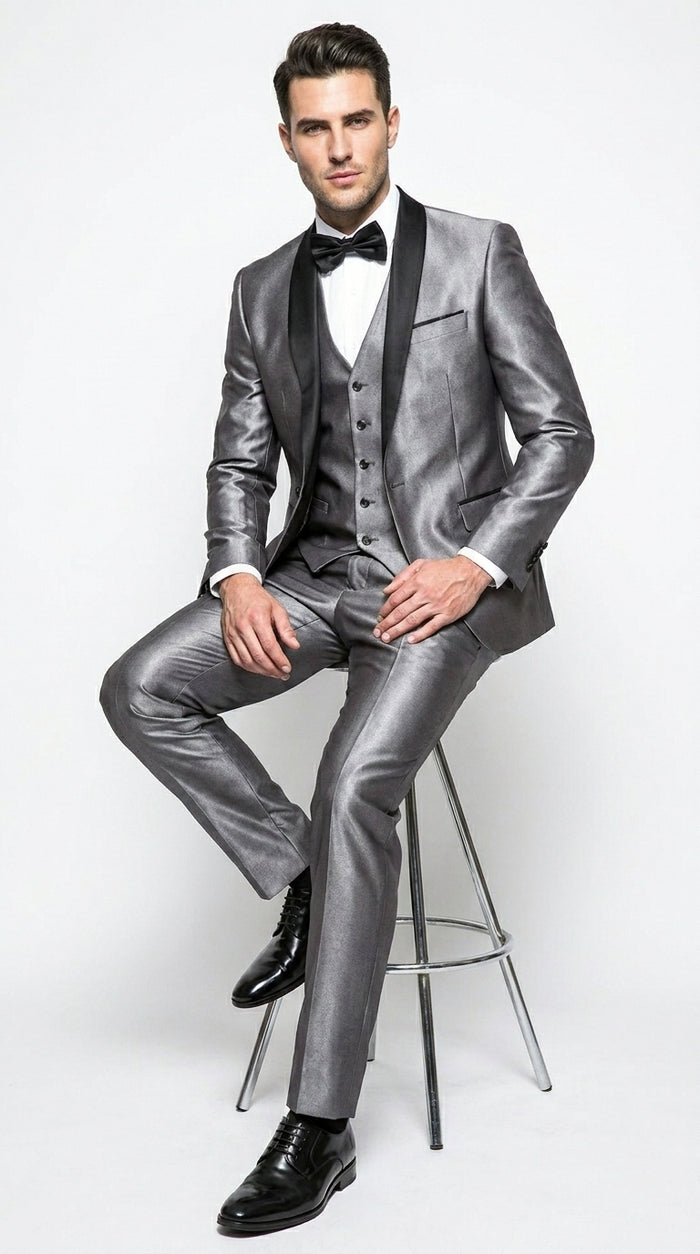 Men’s Silver Grey Sharkskin Vested Tuxedo with 1 Button Jacket, Shawl Lapel and Matching Pants