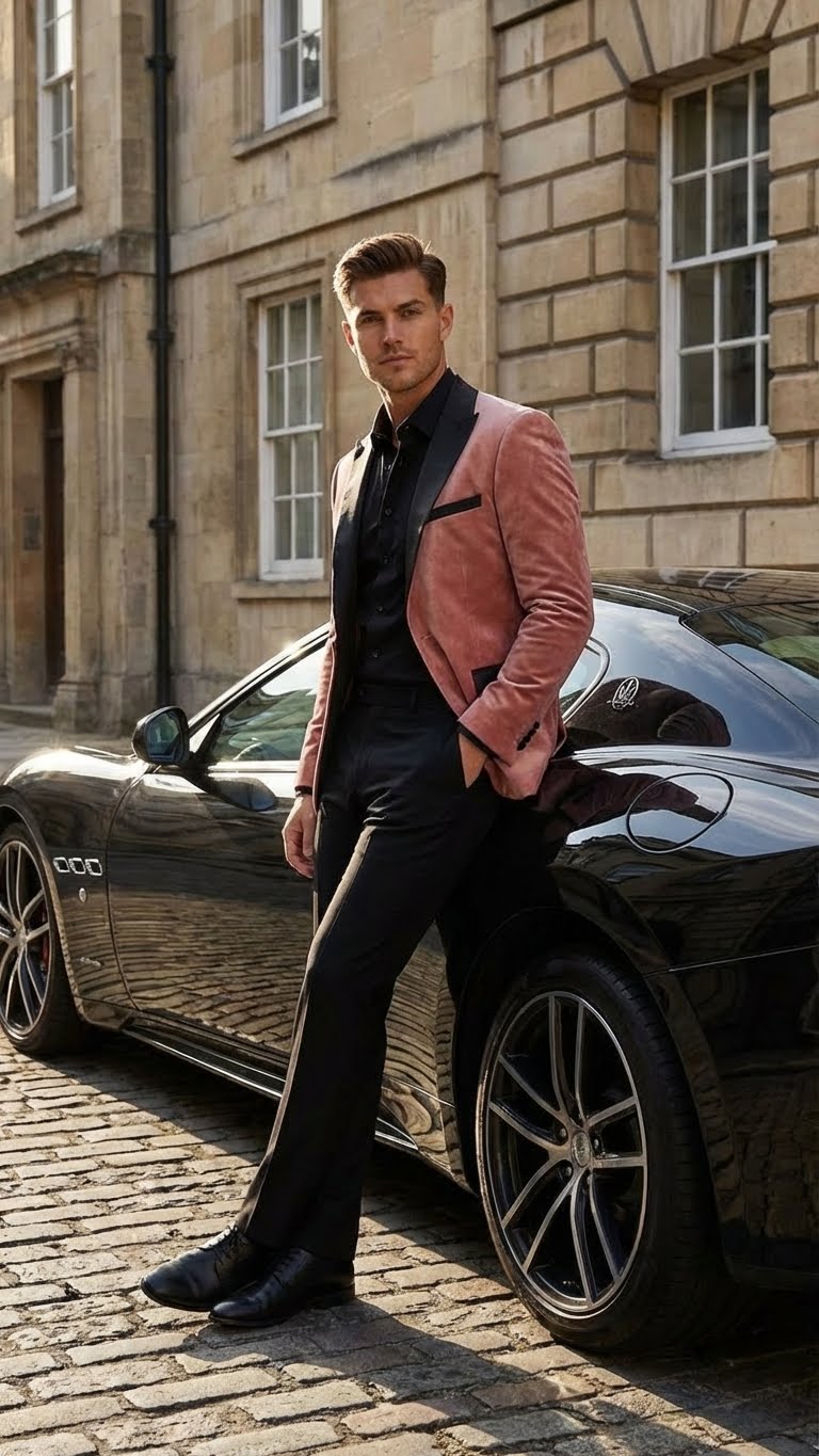 Men’s Dusty Rose Pink Velvet Blazer with Black Satin Lapel | Formal Sport Coat in Mauve Color + Bowtie