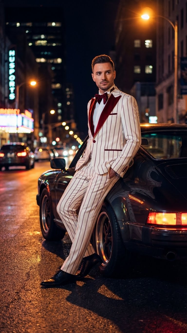 Mens White and Dark Red Pinstripe Tuxedo with Velvet Shawl Lapel  Formal Dinner Blazer Prom Christmas New Year Holiday Suit