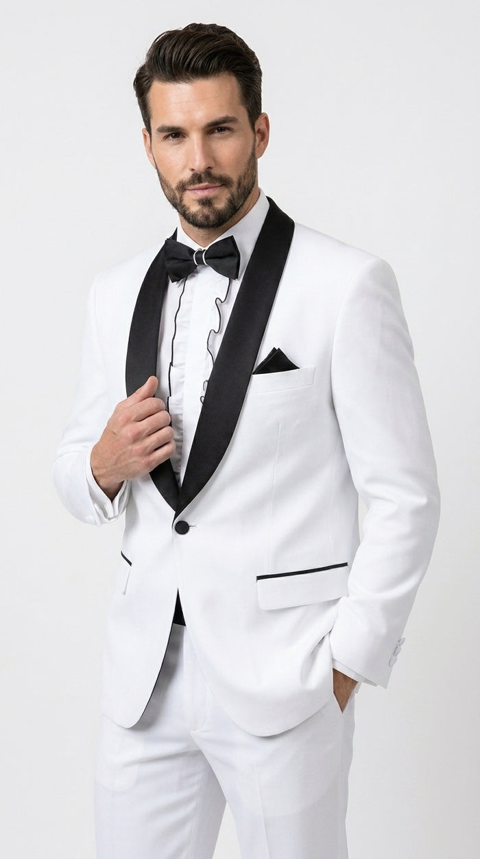 Men’s White and Black Classic Microfiber Shawl Tuxedo with Jacket and Pants, Formal Wedding Suit