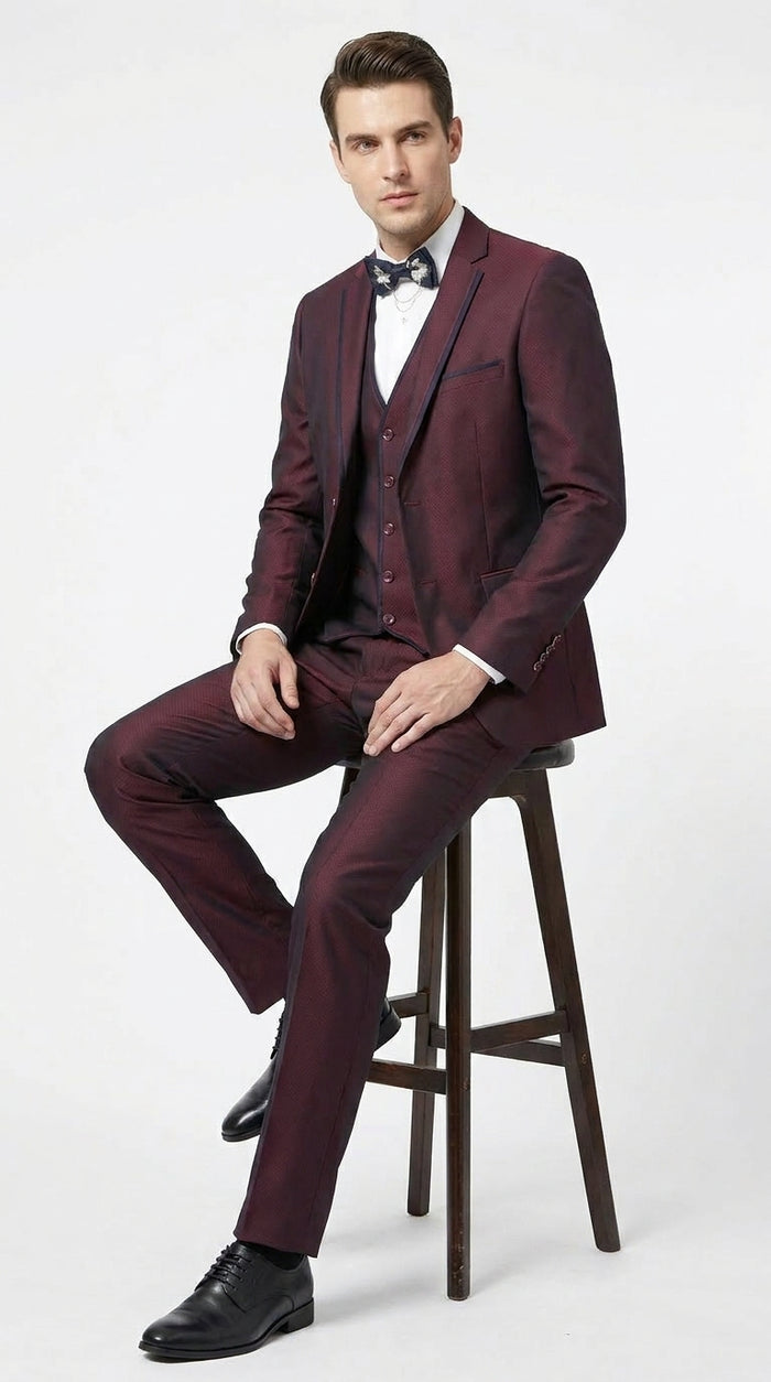Men’s Burgundy Sharkskin Tuxedo with Satin Trim, Vested Formal Wedding and Prom Suit