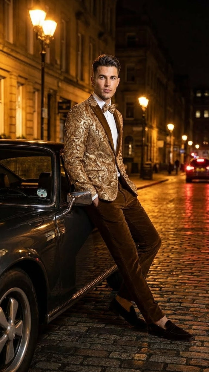 Mens Goldish Light brown Tuxedo dinner Jacket Embroidered Blazer  Velvet Jacket for Formal Paisley Pattern Coffee Mocca Color