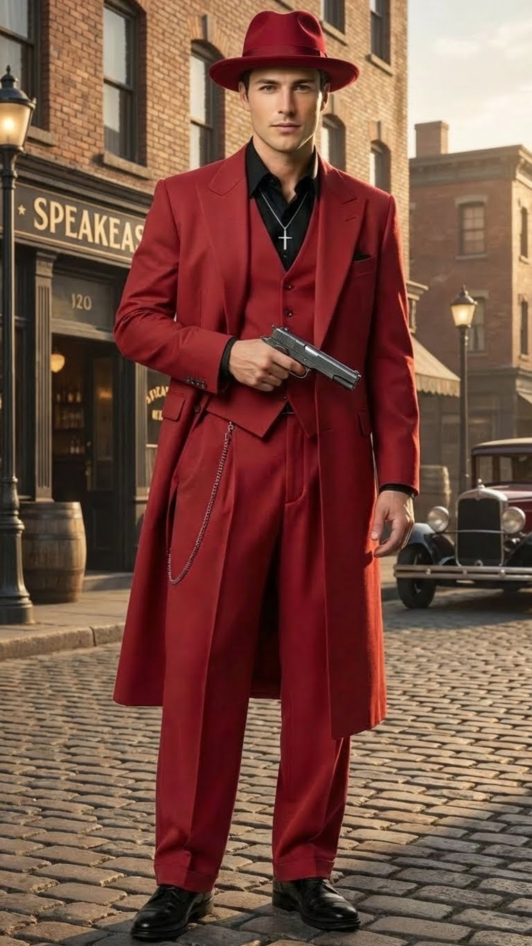 Mens 1920s Red Zoot Suit  Long Mafia Gangster Three-Piece Vintage Outfit Zuit Pachuco Style