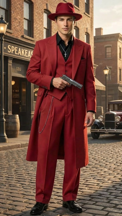 Mens 1920s Red Zoot Suit  Long Mafia Gangster Three-Piece Vintage Outfit Zuit Pachuco Style
