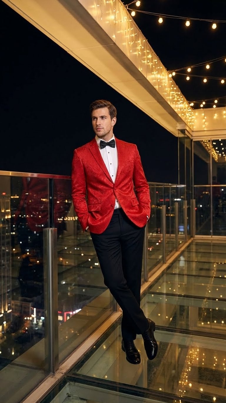 Mens Red Paisley Velvet Blazer - Christmas new year Sport Coat Jacket - Prom 2026 Collection