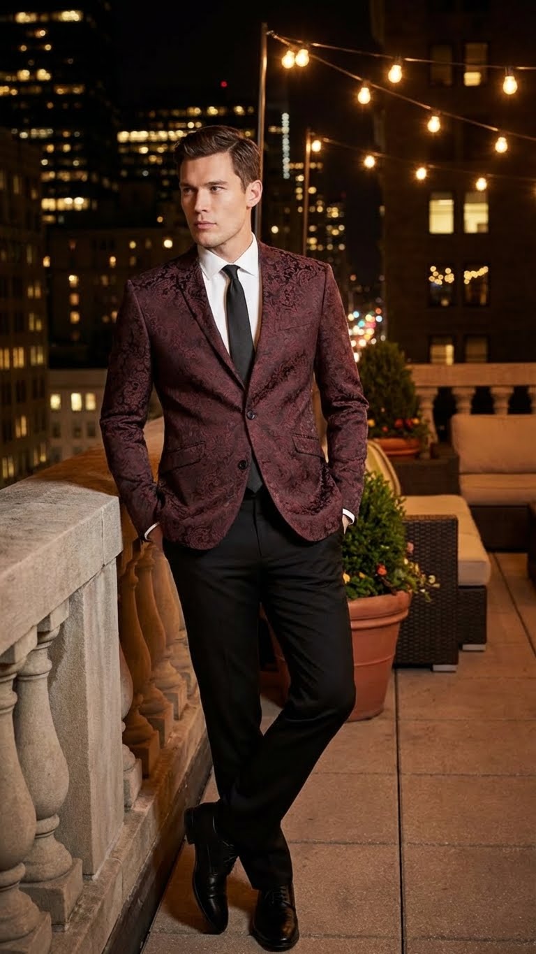 Mens Burgundy Paisley Blazer Sport Coat  Velvet Dinner Jacket floral in Maroon Wine Color Ultra Slim Fit Smoking Jacket