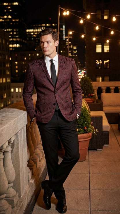 Mens Burgundy Paisley Blazer Sport Coat  Velvet Dinner Jacket floral in Maroon Wine Color Ultra Slim Fit Smoking Jacket