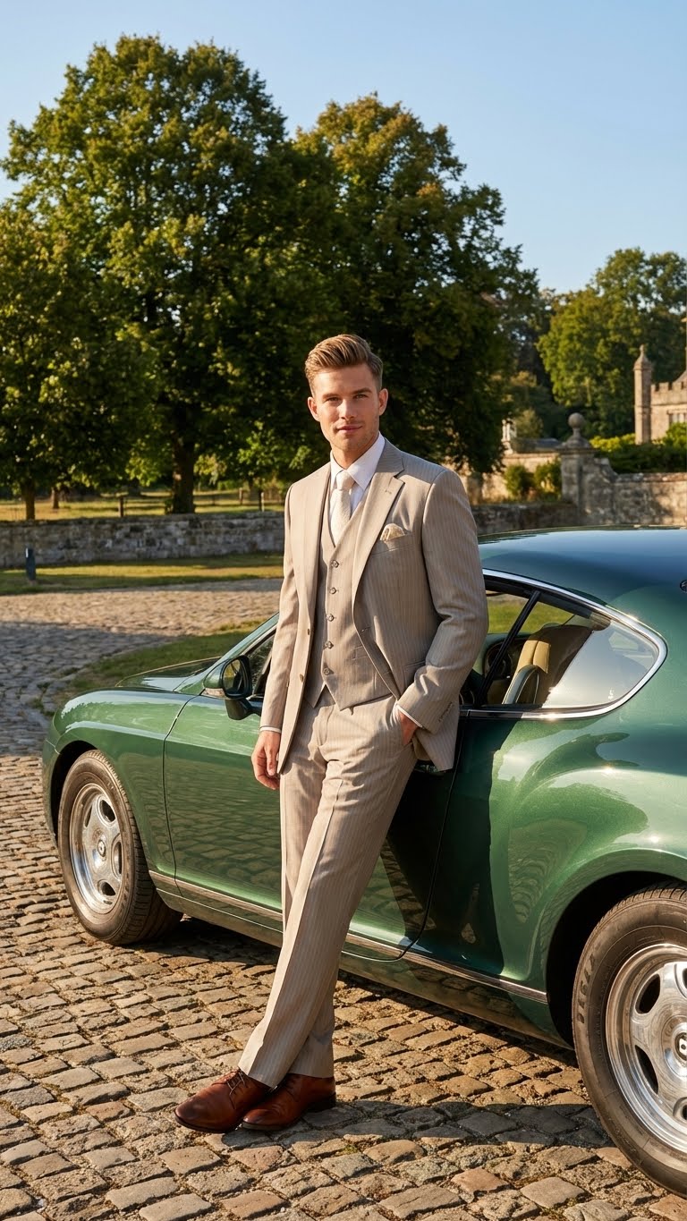 Mens Light Tan Pinstripe 3 Piece Suit with Jacket, Vest, and Pants | Shadow Stripe Tone Tone Pleated Pants Classic