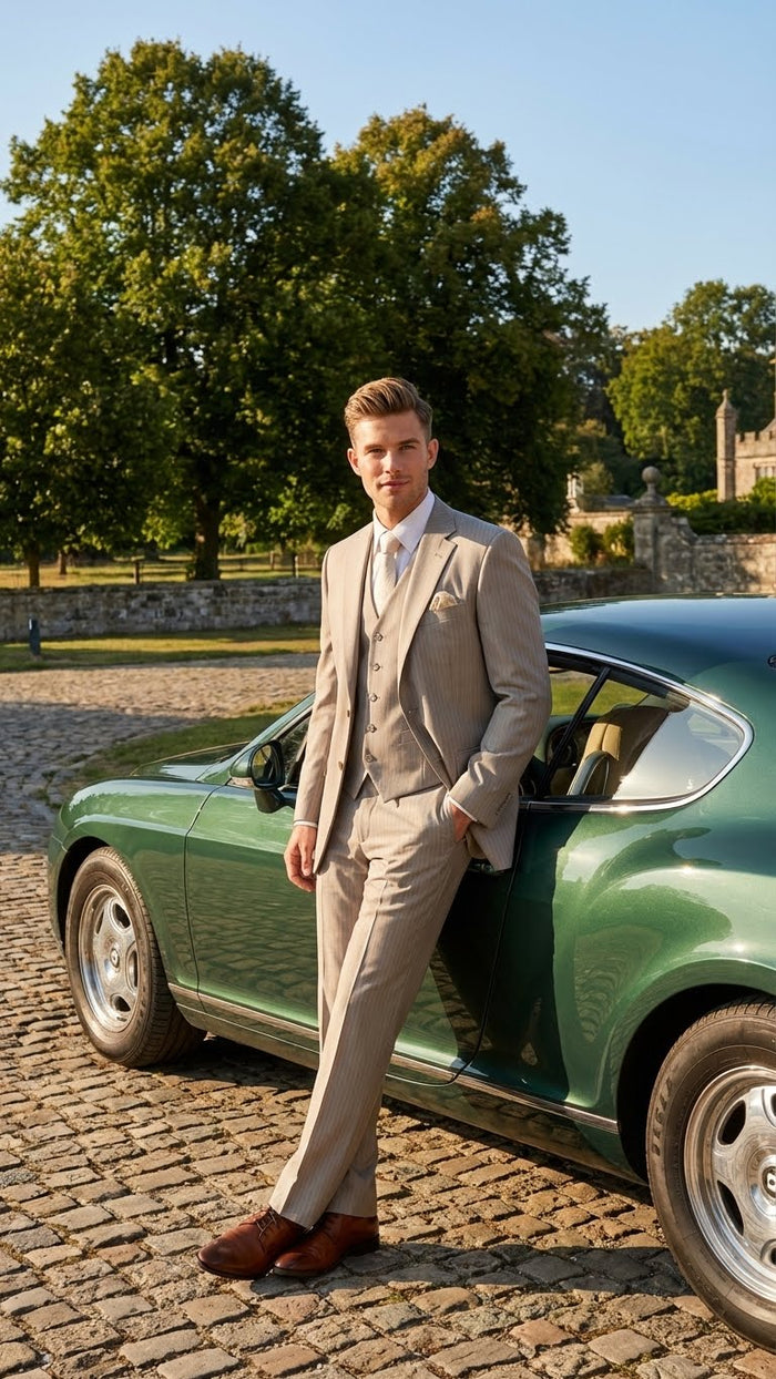 Mens Light Tan Pinstripe 3 Piece Suit with Jacket, Vest, and Pants | Shadow Stripe Tone Tone Pleated Pants Classic