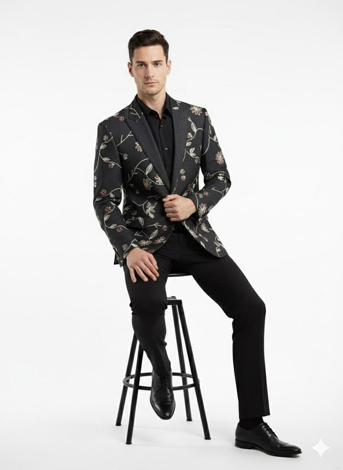 Luxury Black Floral Embroidered Blazer for Men  Designer Party and Wedding Wear Jacket