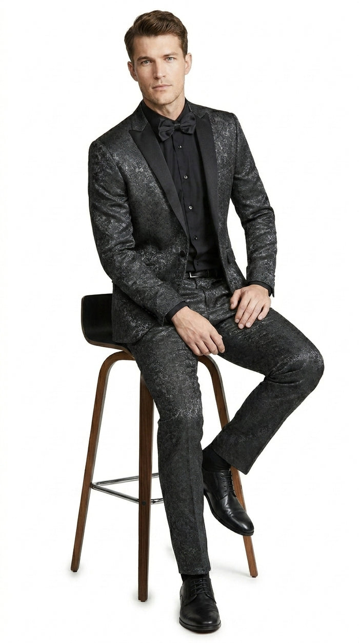 Men’s Black Paisley Wedding and Prom Tuxedo with One Button Jacket, Formal Dinner Suit