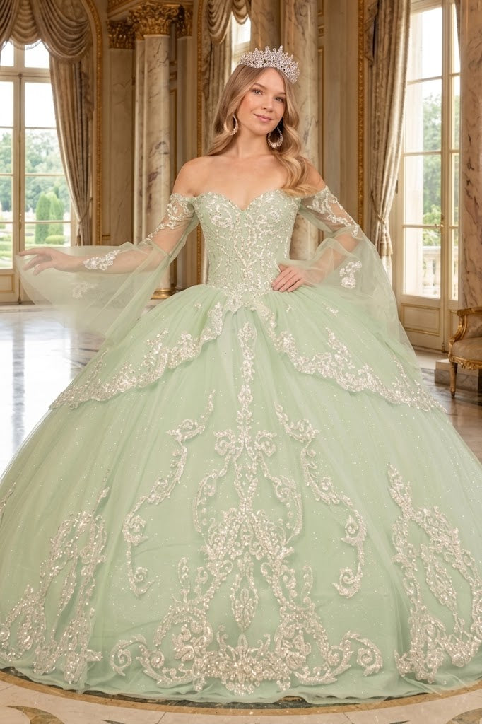 Off Shoulder Quinceañera Ball Gown with Glitter Tulle Sequin Embroidery Dress by Elizabeth K GL3109