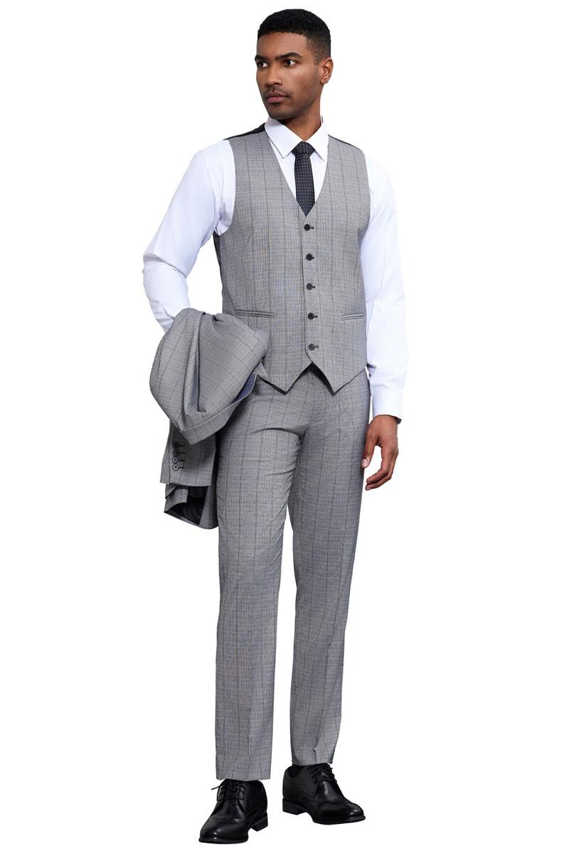Men's Stacy Adams Modern Fit Vested Tonal Windowpane Plaid Suit in Light Grey
