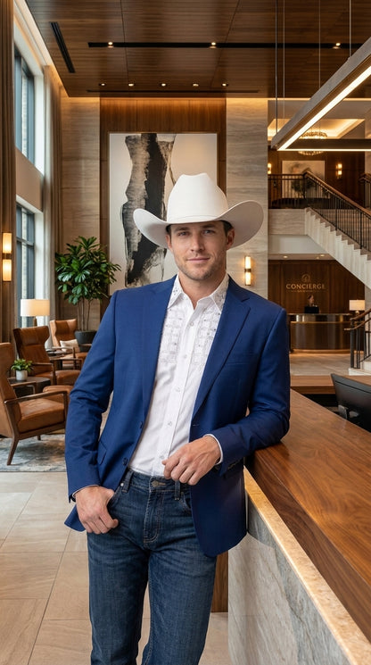 Men’s Dark Royal Blue Western Blazer – Cowboy Sport Coat Jacket with Two-Button Front Saphire Indigo Cobalt Blue