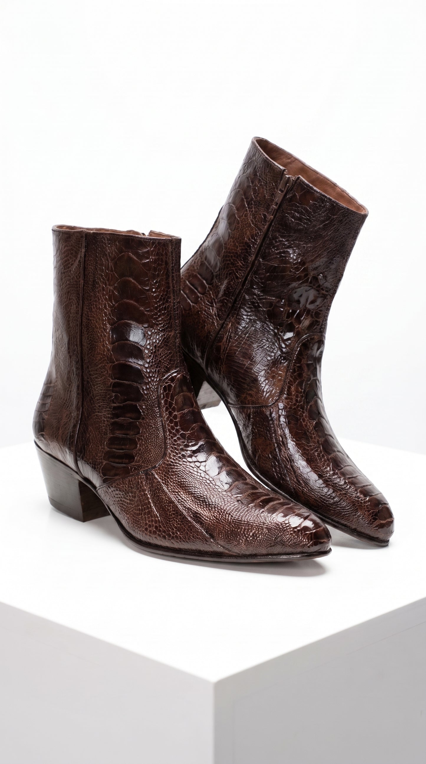 Men’s Brown Cuban Heel Boots – Exotic Ostrich Leg & Ostrich Quill Pointed Toe Dress Boots By Los Altos