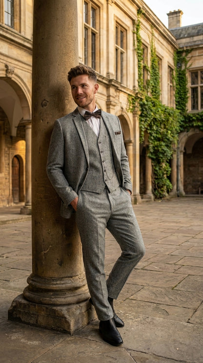 Men’s Grey Edwardian 3 Piece Suit – Vintage Victorian Wedding Suit with Vest Herringbone Tweed Fabric