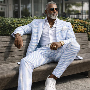 Mens Premium Cotton Seersucker Stripe Suit – Light Blue
