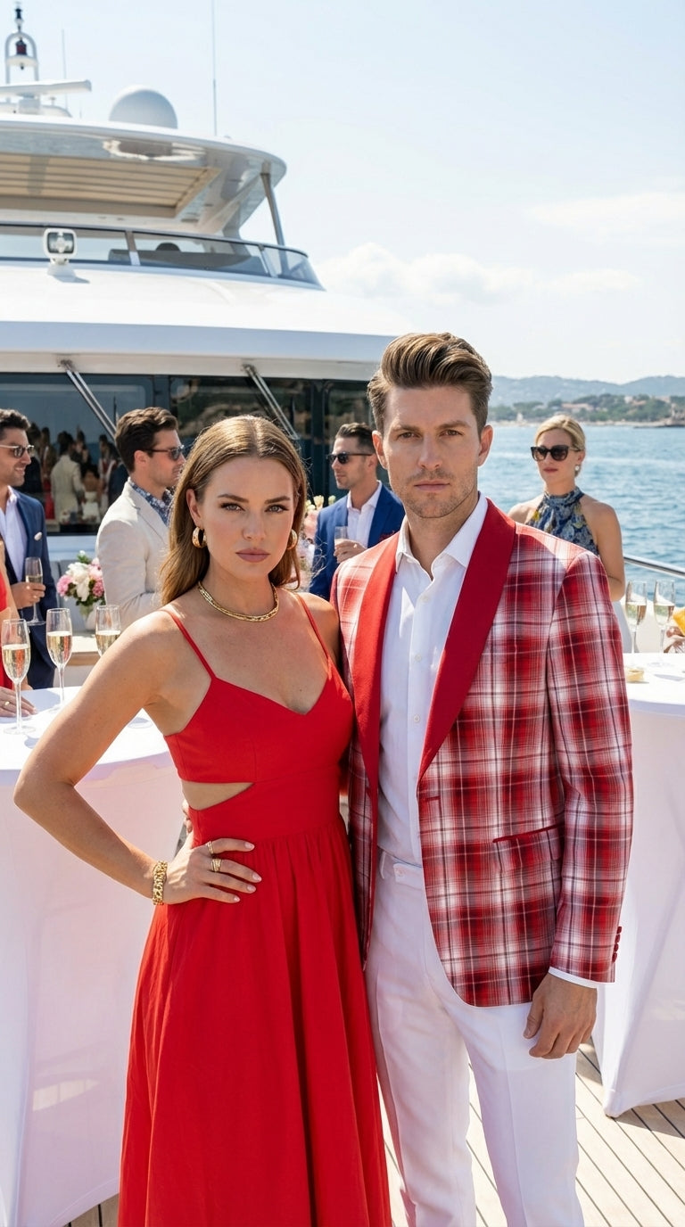 Mens Tartan Red and White Plaid Blazer – Check Pattern Sport Coat Red Shawl Lapel Party Christmas Holiday New Year