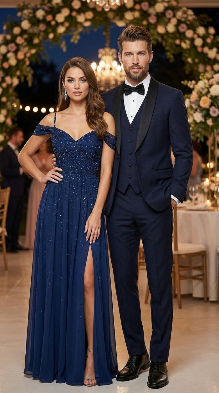 Men’s Navy Blue Vested Wool Tuxedo with 1 Button Jacket, Black Shawl Lapel and Matching Pants