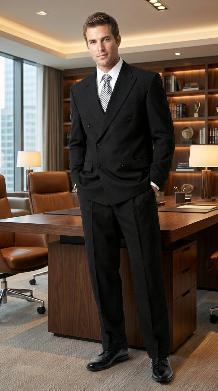 Brand New Solid Black Double Breasted Suit 100% Wool Fabric Super 150s Wide Suits Side Vent (pleated or Flat Front Pants)