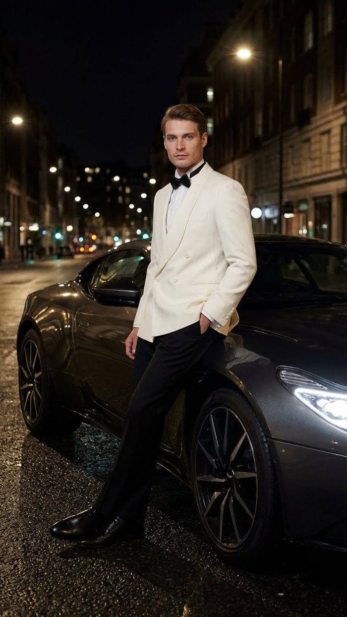 Mens Ivory Double-Breasted Shawl Lapel Tuxedo Jacket | Premium Formal Dinner Jacket for Weddings and Black-Tie Events