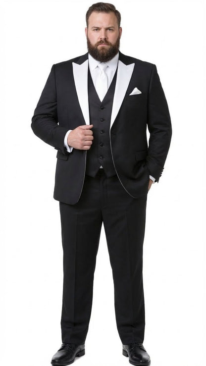 Mens Black and White Lapel Prom Tuxedo Suit  Black Vest  Black Pants Peak Lapel