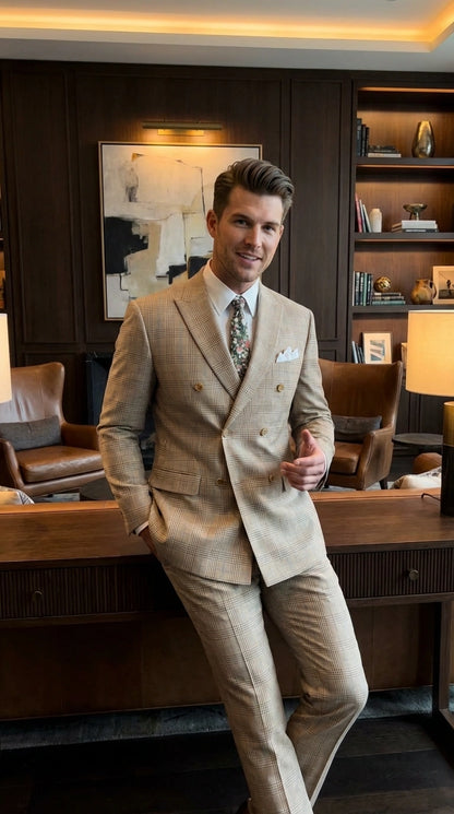 Vinci Men’s Beige Plaid Double Breasted Suit – Classic Checkered Formal Suit Set in Tan Color Windowpane Checkered Pattern