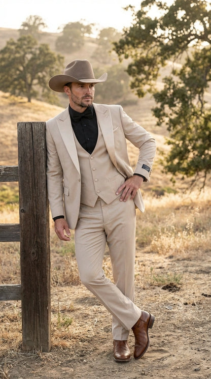 Men’s Tan Cowboy Suit – Western Formal Two Piece Suit for Weddings,  Champaign Sand Color