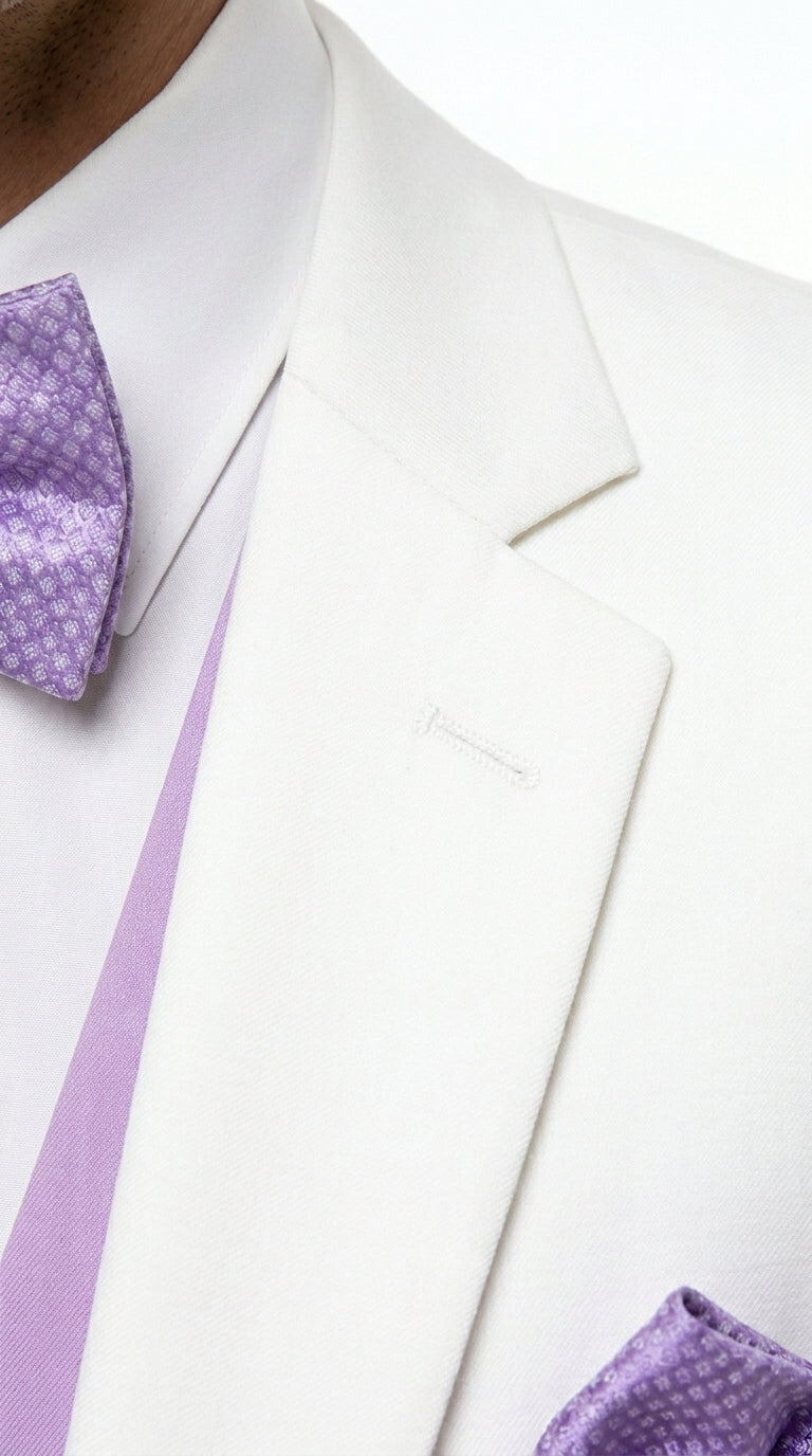 Men’s White and Lavender Tuxedo Wedding Suit with Dinner Jacket, Vest, Pants and Bow Tie