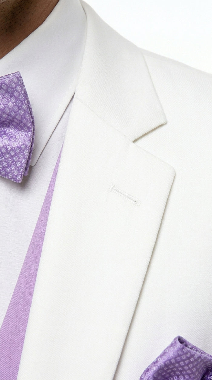 Men’s White and Lavender Tuxedo Wedding Suit with Dinner Jacket, Vest, Pants and Bow Tie