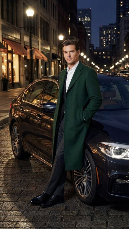Mens Hunter Green Full-Length Wool Overcoat  Classic Winter Dress Coat for Formal and Casual Wear Topcoat Mens Wintercoat