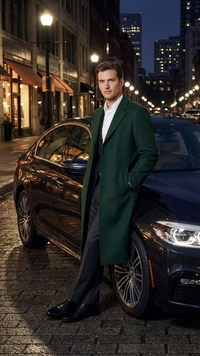Mens Hunter Green Full-Length Wool Overcoat  Classic Winter Dress Coat for Formal and Casual Wear Topcoat Mens Wintercoat