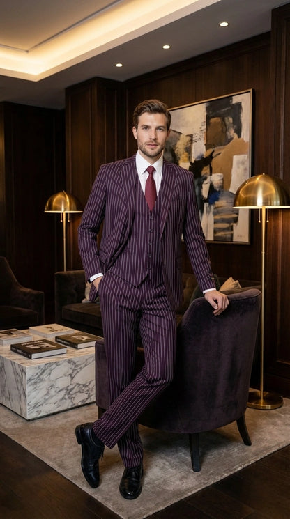 Men’s Plum Eggplant Pinstripe 3 Piece Suit – Burgundy Purple Formal Suit  Gangster 1920s Mafia Pimp Suit