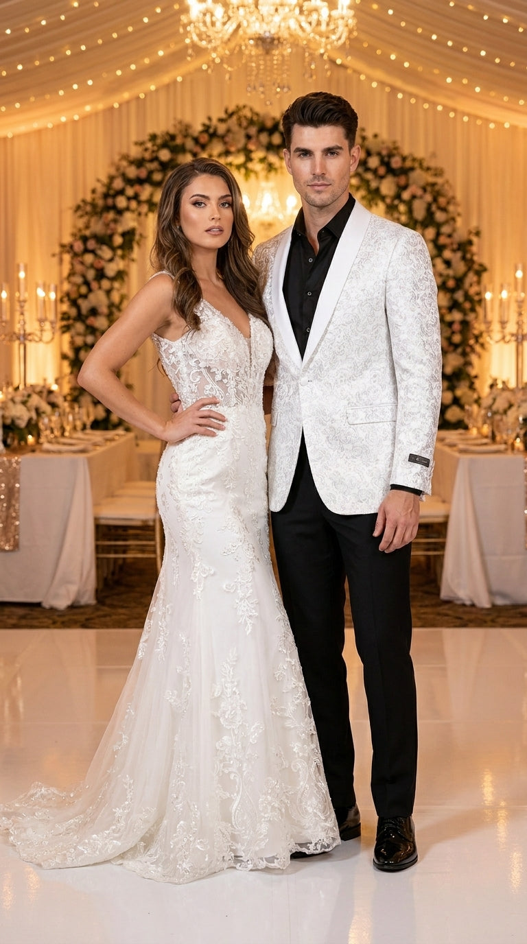 Men’s White Tonal Paisley Tuxedo Jacket with Satin Shawl Lapel, Wedding and Prom Dinner Blazer