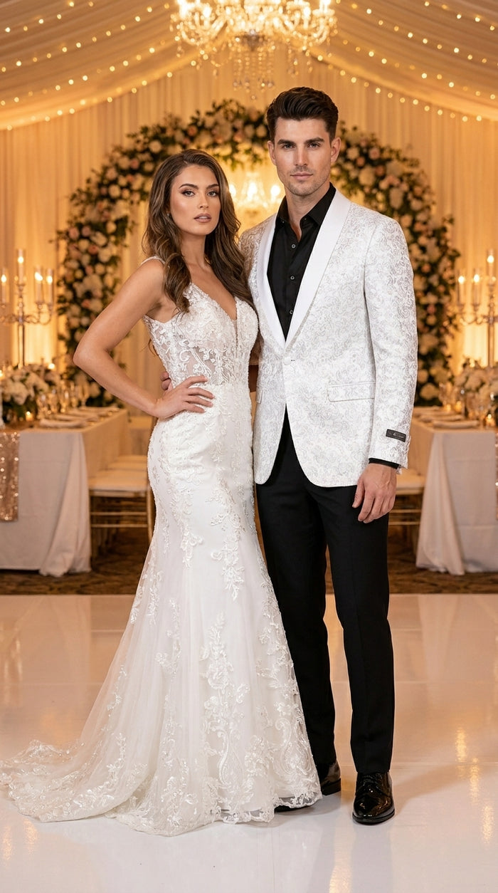 Men’s White Tonal Paisley Tuxedo Jacket with Satin Shawl Lapel, Wedding and Prom Dinner Blazer