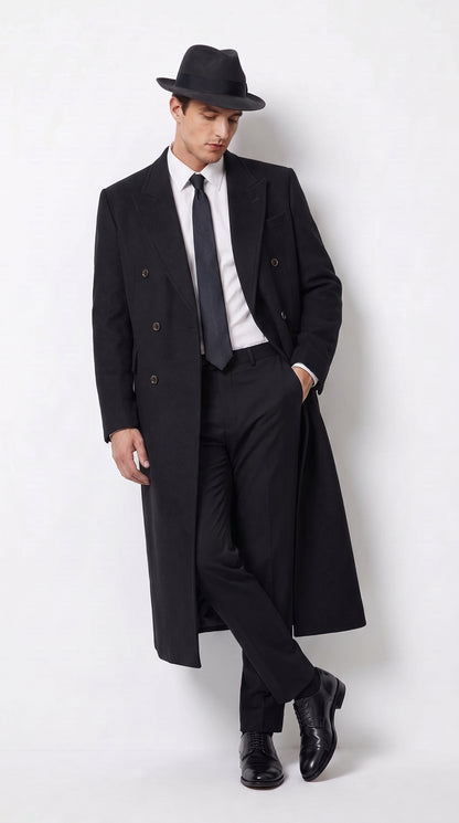 Men’s Godfather Black Double-Breasted Long Overcoat – Vintage Mobster Gangster Coat