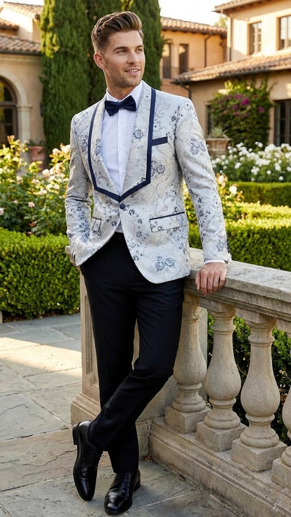 Mens White and Navy Blue Lapel  Floral Jacquard Blazer with Contrast Shawl Lapel  Luxury Wedding and Party Wear Jacket paisley Tuxedo Navy Pants