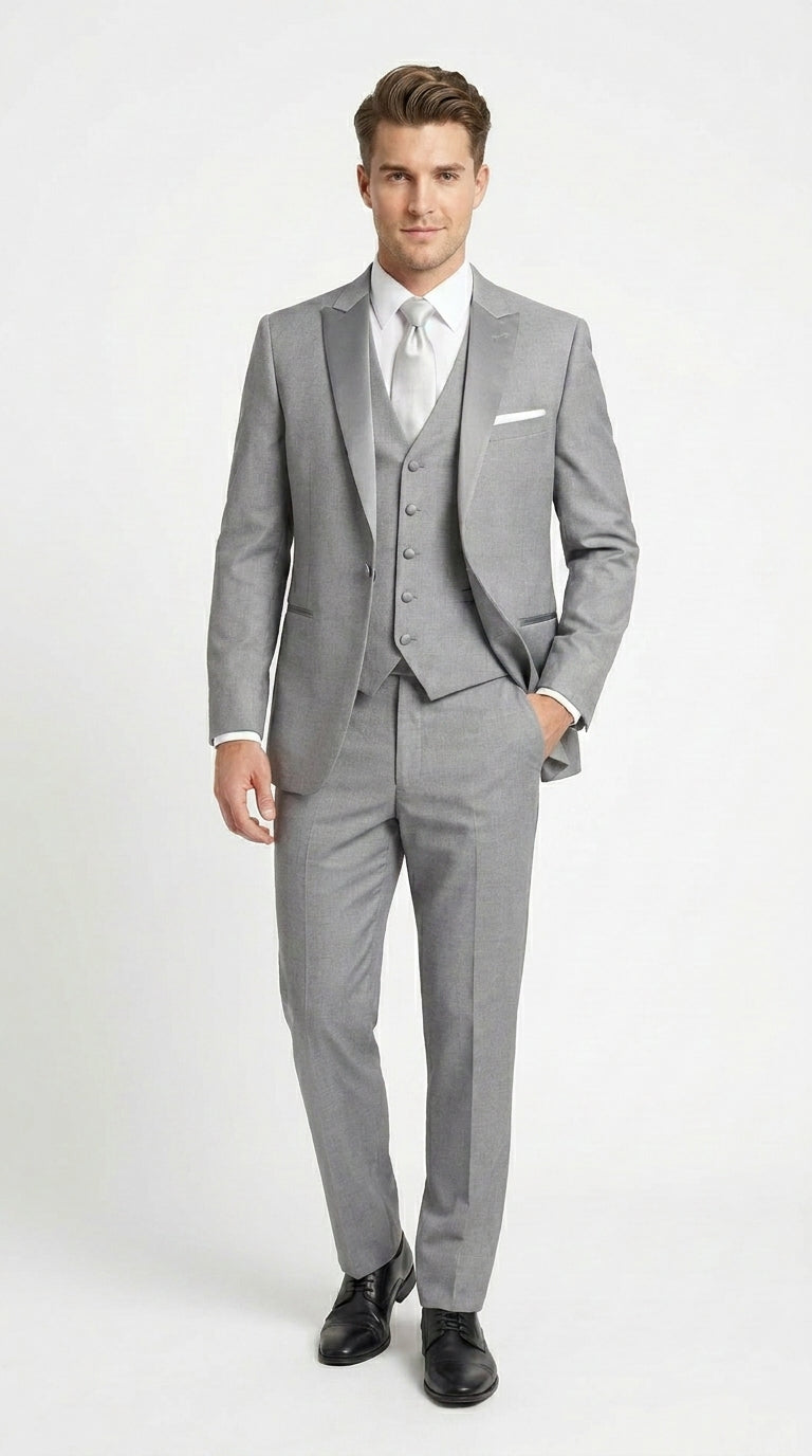 Men’s Light Grey Vested Tuxedo with One Button Jacket, Peak Lapel and Matching Pants