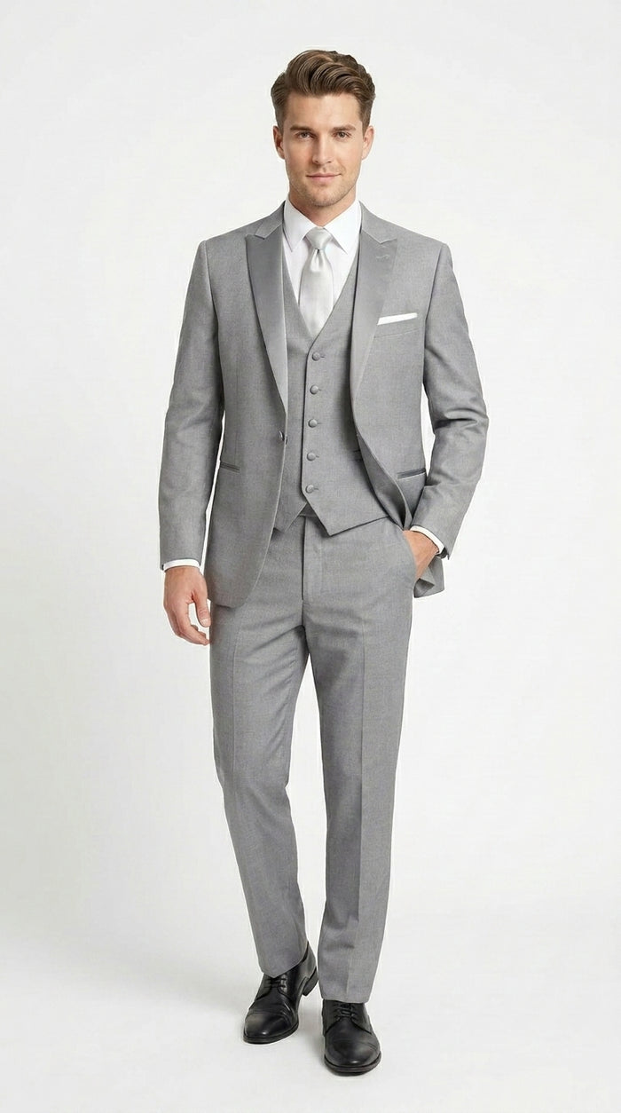 Men’s Light Grey Vested Tuxedo with One Button Jacket, Peak Lapel and Matching Pants