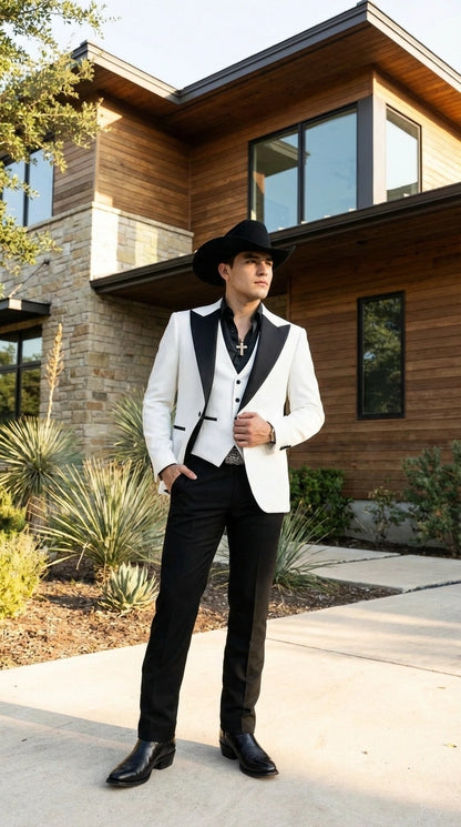 Men’s White Cowboy Tuxedo with Black Satin Lapel – Western Formal Suit with Matching Vest