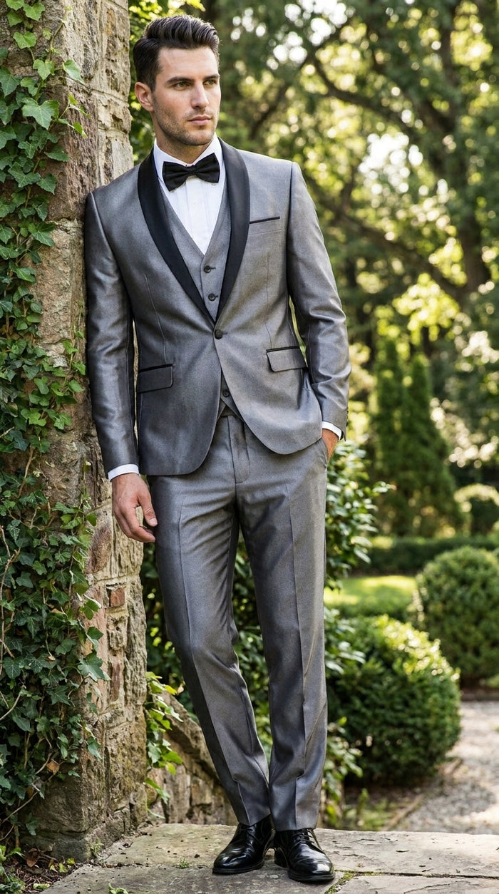 Men’s Silver Grey Sharkskin Vested Tuxedo with 1 Button Jacket, Shawl Lapel and Matching Pants