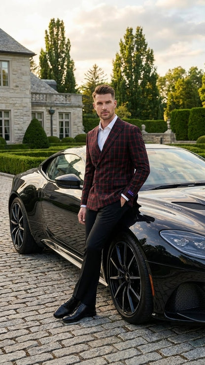 Men’s Black and Red Check Double Breasted Blazer – Sport Coat Jacket Windowpane Sportcoat Slim Fit